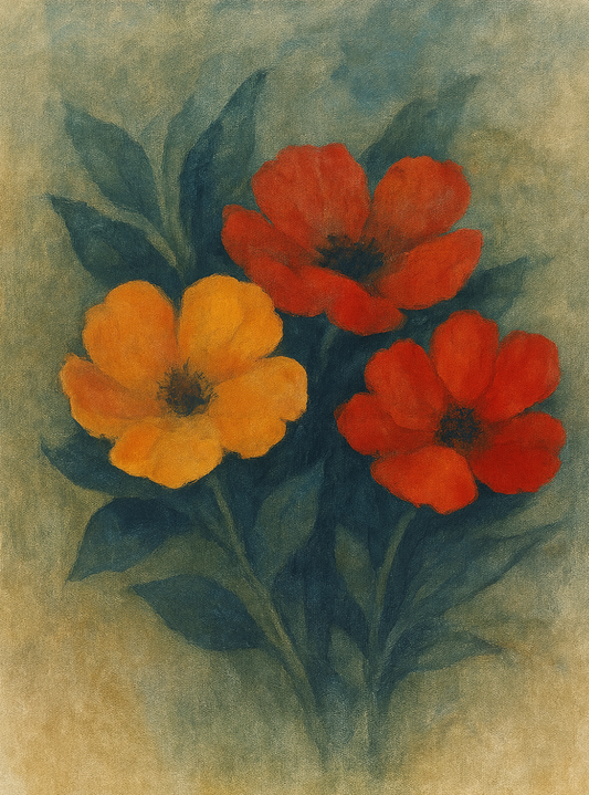 Vibrant Blossoms Art Print - Red Orange Floral Painting | Bold Flower Art