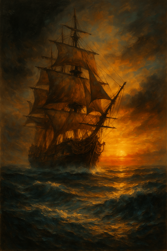The Crimson Horizon - Cinematic Pirate Ship Oil Style Digital Art | Epic Adventure Wall Art