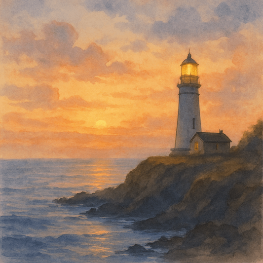 Lighthouse at Golden Hour - Watercolor Seascape Digital Art | Coastal Wall Decor