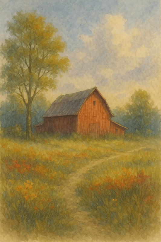 Red Barn Summer Fields - Farmhouse Digital Art | Rustic Country Wall Decor