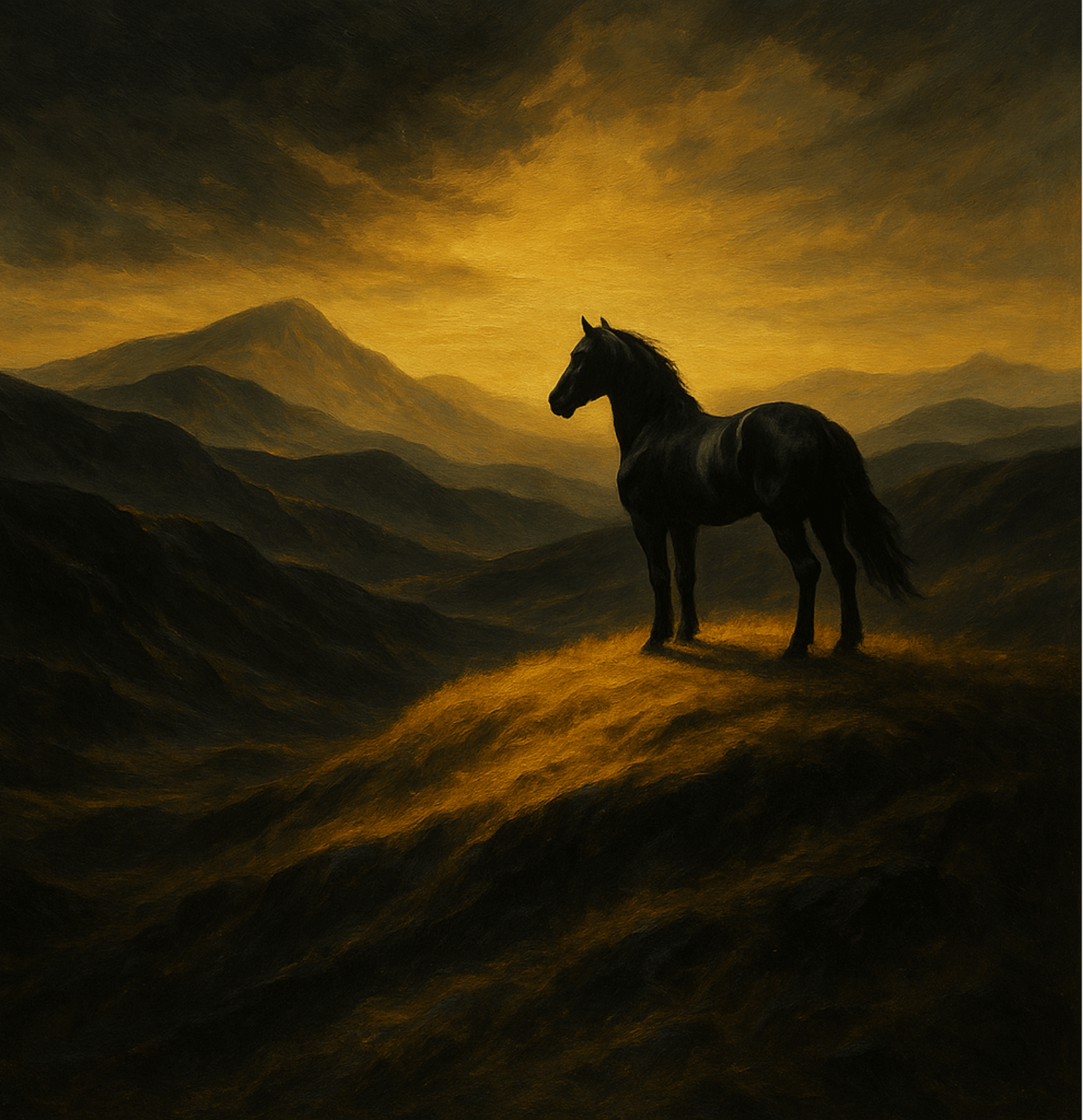 "Black Stallion on Golden Hill" - 4K Digital Canvas Art
